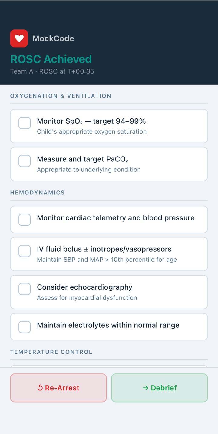 MockCode post-arrest checklist after ROSC