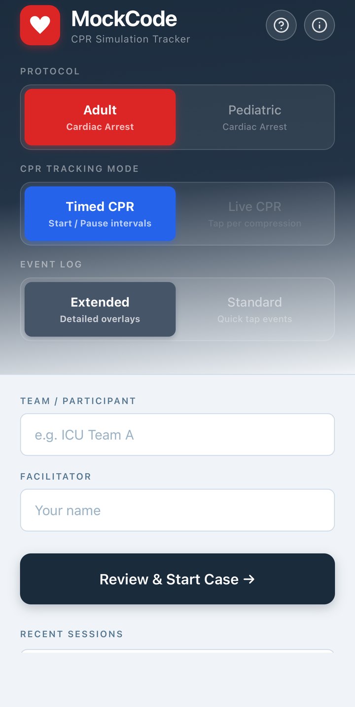 MockCode setup screen — protocol, tracking mode, event log